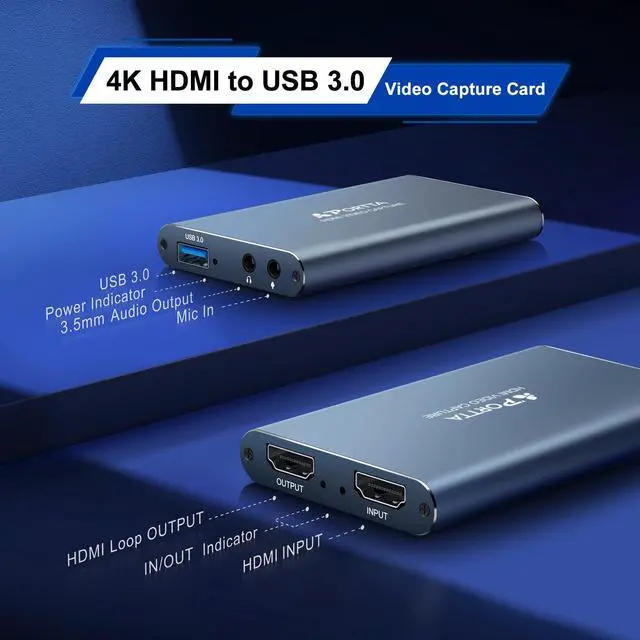 Alt view image 5 of 5 - PORTTA HDMI Video Capture Card, Stream and Record in 1080P60 with Ultra-Low Latency, 4K HDMI in/Loop Out, USB 3.0 to PC Compatible with Camcorder/PS4/PS5/Xbox/Nintendo Switch 2/OBS, Navy Gray