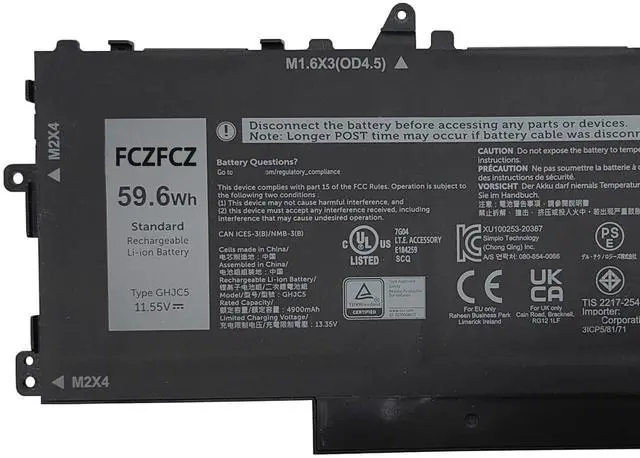 Alt view image 3 of 5 - FCZFCZ GHJC5 Battery 59.6Wh 4900mAh Replacement for Dell Latitude 9420 9430 / Latitude 9420 2-in-1 / Latitude 9430 2-in-1 Series 3VV58 0JJ4XT 0VTH85 06VJ1F 09YD1V 11.55V 3-Cells (Long Wire Harness)