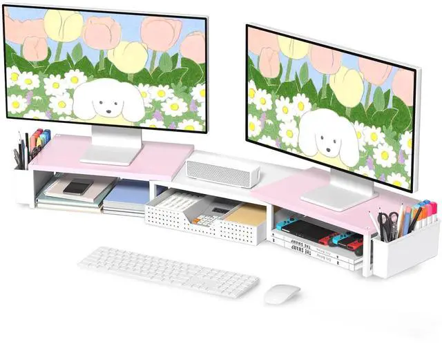 Main image of OPNICE Desk Dual Monitor Stand Riser - Desk Organizer with Drawer and Pen Holders, Office Desk Accessories & Workspace Organization, Computer Monitor Stand for Laptop, Printer(Pink White)