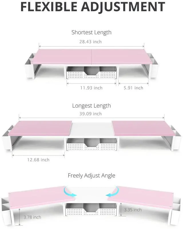 Alt view image 2 of 5 - OPNICE Desk Dual Monitor Stand Riser - Desk Organizer with Drawer and Pen Holders, Office Desk Accessories & Workspace Organization, Computer Monitor Stand for Laptop, Printer(Pink White)