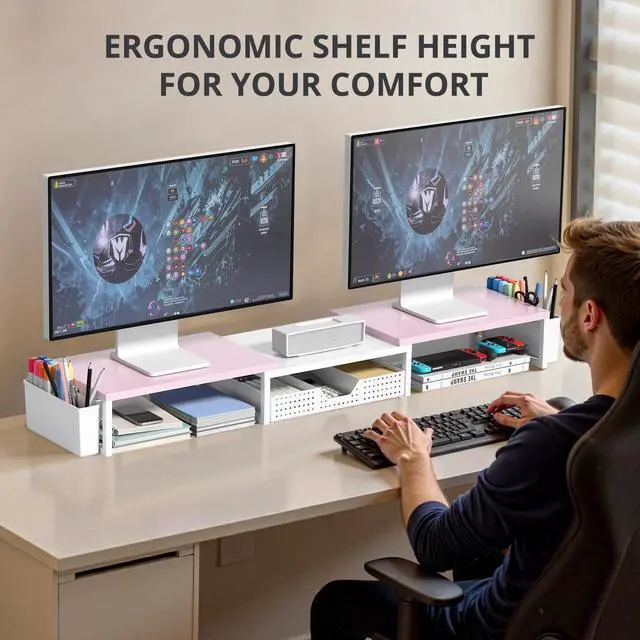 Alt view image 3 of 5 - OPNICE Desk Dual Monitor Stand Riser - Desk Organizer with Drawer and Pen Holders, Office Desk Accessories & Workspace Organization, Computer Monitor Stand for Laptop, Printer(Pink White)