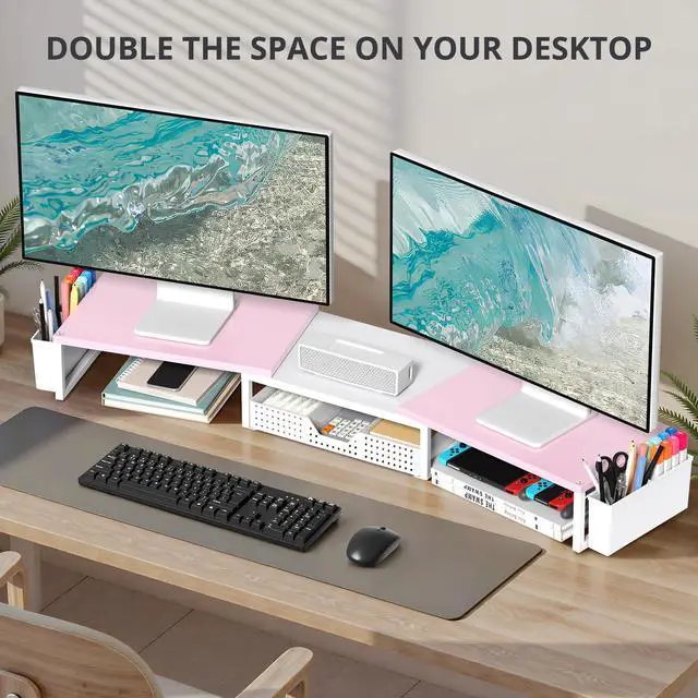 Alt view image 4 of 5 - OPNICE Desk Dual Monitor Stand Riser - Desk Organizer with Drawer and Pen Holders, Office Desk Accessories & Workspace Organization, Computer Monitor Stand for Laptop, Printer(Pink White)