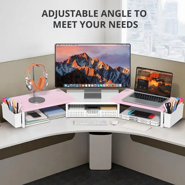 Alt view image 5 of 5 - OPNICE Desk Dual Monitor Stand Riser - Desk Organizer with Drawer and Pen Holders, Office Desk Accessories & Workspace Organization, Computer Monitor Stand for Laptop, Printer(Pink White)