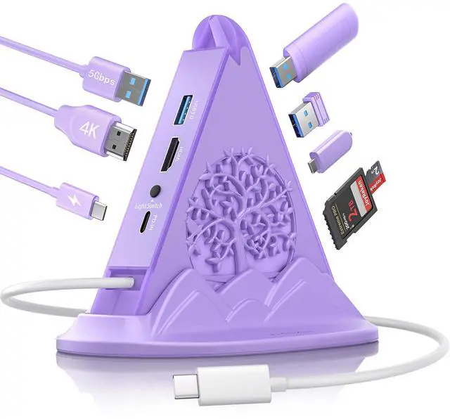 Main image of 8-in-1 USB C Hub, Purple RGB Docking Station with 4K HDMI, 100W PD, 5Gbps USB 3.0, SD/TF Card Reader, Type C Adapter for MacBook Air, Dell XPS, Surface, etc.