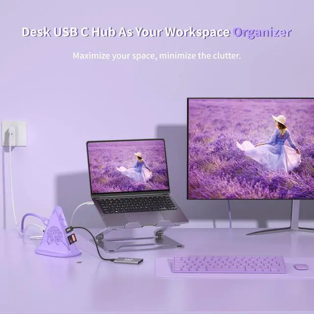 Alt view image 4 of 5 - 8-in-1 USB C Hub, Purple RGB Docking Station with 4K HDMI, 100W PD, 5Gbps USB 3.0, SD/TF Card Reader, Type C Adapter for MacBook Air, Dell XPS, Surface, etc.