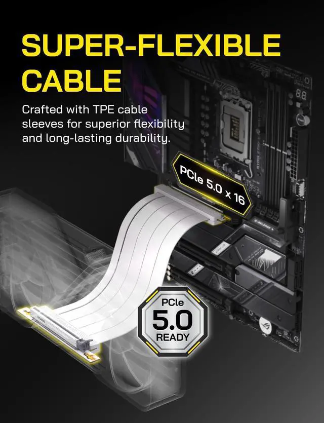 Alt view image 2 of 5 - EZDIY-FAB PCIe 5.0 X16 Riser Cable,128GB/s Bandwidth, for RTX 50/40 & RX 9000/7000 GPUs, PCIe Extension Card, Backward Compatible with PCIe 4.0/3.0,Vertical GPU Mount,Right Angle-30cm,White