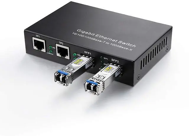 Main image of Gigabit Ethernet Media Converter, Singlemode Dual LC, 1.25Gb/s 2X 10/100/1000Base-T RJ45 Networks Ethernet to 2X 1000Base-X SFP Fiber Converter with 2X Gigabit SFP 1000Base-LX Transceiver