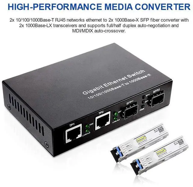 Alt view image 2 of 5 - Gigabit Ethernet Media Converter, Singlemode Dual LC, 1.25Gb/s 2X 10/100/1000Base-T RJ45 Networks Ethernet to 2X 1000Base-X SFP Fiber Converter with 2X Gigabit SFP 1000Base-LX Transceiver
