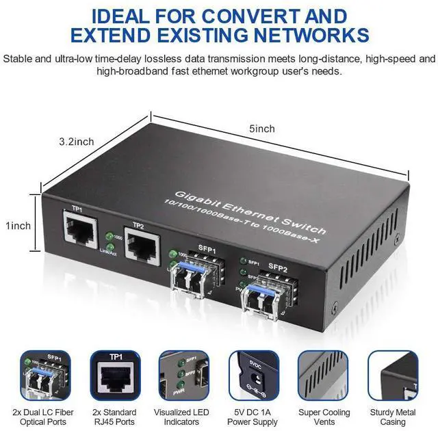 Alt view image 3 of 5 - Gigabit Ethernet Media Converter, Singlemode Dual LC, 1.25Gb/s 2X 10/100/1000Base-T RJ45 Networks Ethernet to 2X 1000Base-X SFP Fiber Converter with 2X Gigabit SFP 1000Base-LX Transceiver