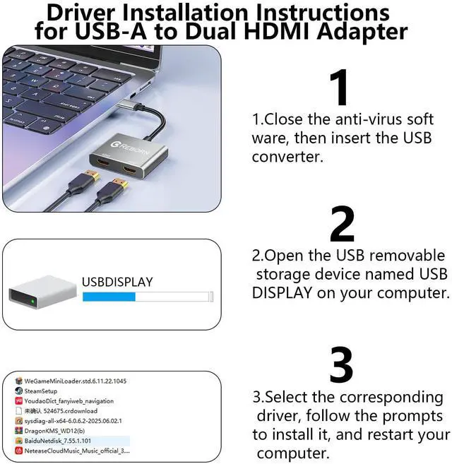 Alt view image 3 of 5 - Reborn USB to HDMI Adapter, 1080P@60Hz USB 3.0 Male to Dual HDMI Female Multi-Display Cable Converter Suitable for MacOS, Windows 7/8/10/11 - Driver Installation is Required
