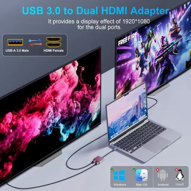 Alt view image 2 of 5 - Reborn USB to HDMI Adapter, 1080P@60Hz USB 3.0 Male to Dual HDMI Female Multi-Display Cable Converter Suitable for MacOS, Windows 7/8/10/11 - Driver Installation is Required