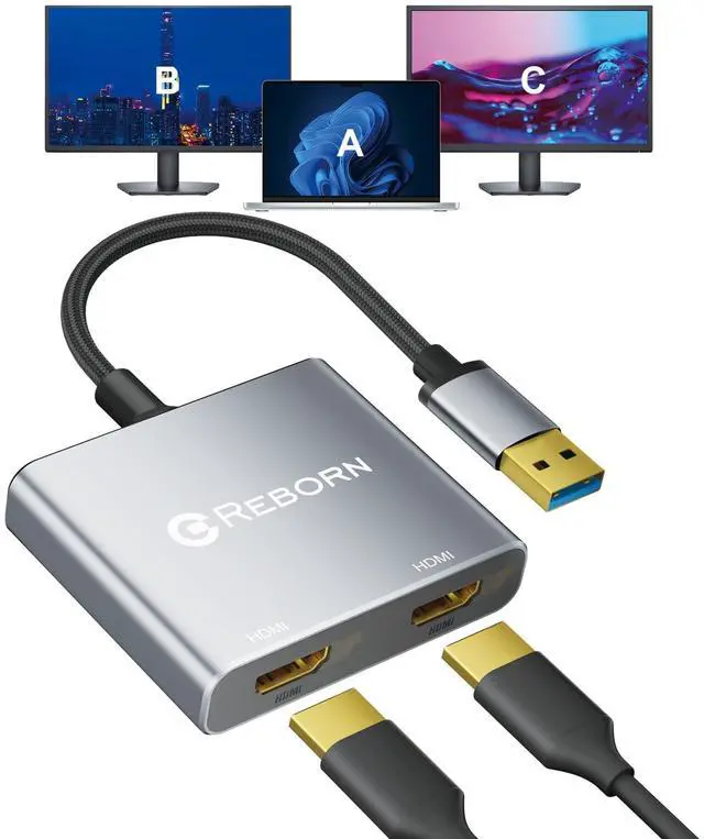 Main image of Reborn USB to HDMI Adapter, 1080P@60Hz USB 3.0 Male to Dual HDMI Female Multi-Display Cable Converter Suitable for MacOS, Windows 7/8/10/11 - Driver Installation is Required