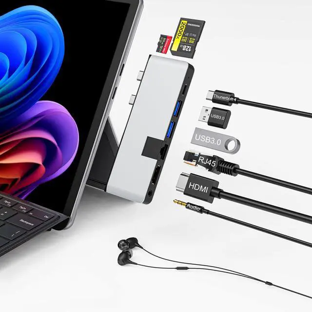Main image of Surface Pro 12 2025 Hub USB C, Surface Pro 12 Hdmi Adapter with 4K HDMI, Thunerbolt 4 (8K Video+Data+100W PD), 2*USB 3.0, 3.5mm Audio, 1 * 100M EthernetSD/TF, Hub for Surface Pro 12 inch (2025)