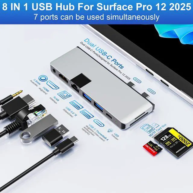 Alt view image 2 of 5 - Surface Pro 12 2025 Hub USB C, Surface Pro 12 Hdmi Adapter with 4K HDMI, Thunerbolt 4 (8K Video+Data+100W PD), 2*USB 3.0, 3.5mm Audio, 1 * 100M EthernetSD/TF, Hub for Surface Pro 12 inch (2025)
