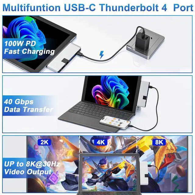 Alt view image 5 of 5 - Surface Pro 12 2025 Hub USB C, Surface Pro 12 Hdmi Adapter with 4K HDMI, Thunerbolt 4 (8K Video+Data+100W PD), 2*USB 3.0, 3.5mm Audio, 1 * 100M EthernetSD/TF, Hub for Surface Pro 12 inch (2025)