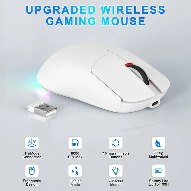 Alt view image 2 of 5 - FYBC Bluetooth Wireless Gaming Mouse for PC Mac Computer Apple, Ergonomic Rechargeable Laptop Mice with Jiggler Mode, 8000DPI RGB Gaming Mouse Wired/Bluetooth 5.3/2.4G USB Tri-Mode Connect - White