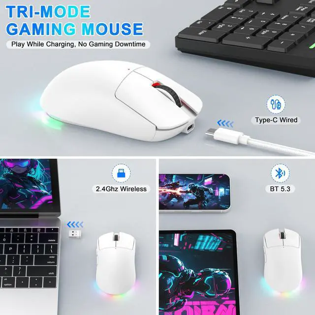 Alt view image 3 of 5 - FYBC Bluetooth Wireless Gaming Mouse for PC Mac Computer Apple, Ergonomic Rechargeable Laptop Mice with Jiggler Mode, 8000DPI RGB Gaming Mouse Wired/Bluetooth 5.3/2.4G USB Tri-Mode Connect - White