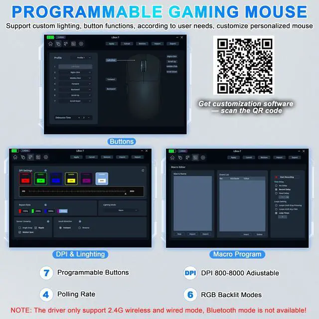 Alt view image 4 of 5 - FYBC Bluetooth Wireless Gaming Mouse for PC Mac Computer Apple, Ergonomic Rechargeable Laptop Mice with Jiggler Mode, 8000DPI RGB Gaming Mouse Wired/Bluetooth 5.3/2.4G USB Tri-Mode Connect - White