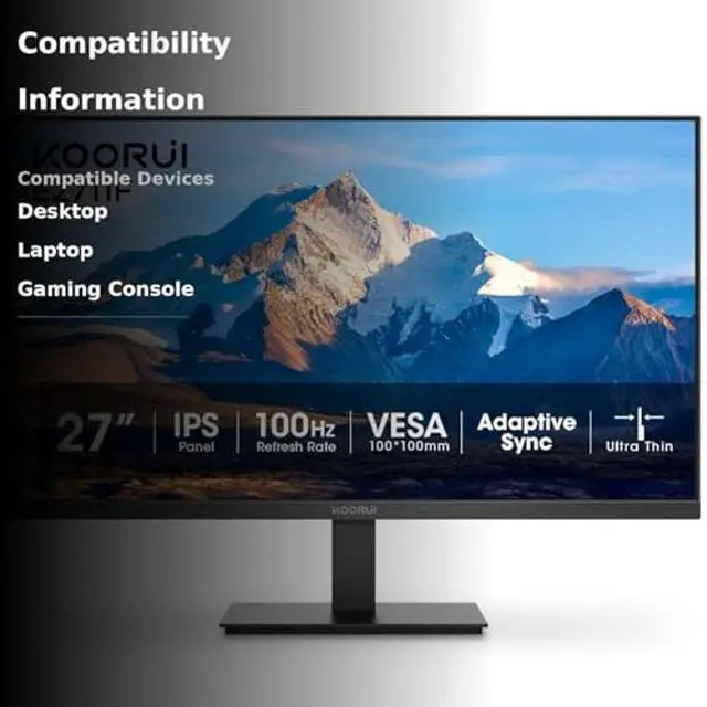 Alt view image 3 of 5 - KOORUI 27 Inch Monitor, Full HD 1080P 100Hz Computer Monitor, IPS Display, HDMI, VGA, 4ms Response Time, 100 x 100 mm VESA Mountable, Frameless, Ergonomic Tilt, Black
