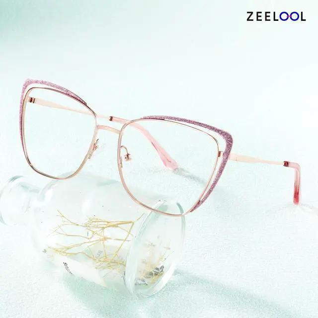 Alt view image 3 of 3 - Zeelool Cat Eye Blue Light Blocking Glasses Metal Frame Women Eyeglasses with Glitter JGM182863-01 Pink