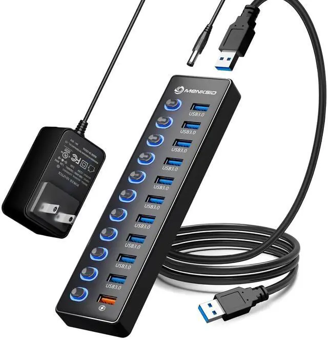 Main image of Powered USB Hub, MENKSID 11-Port USB Hub, 10 USB 3.0 Data Transfer Ports + 1 Smart Charging Port, Independent Switch (with LED Power Indicator), USB 3.0 Hub Powered with Power Adapter for Mac, PC