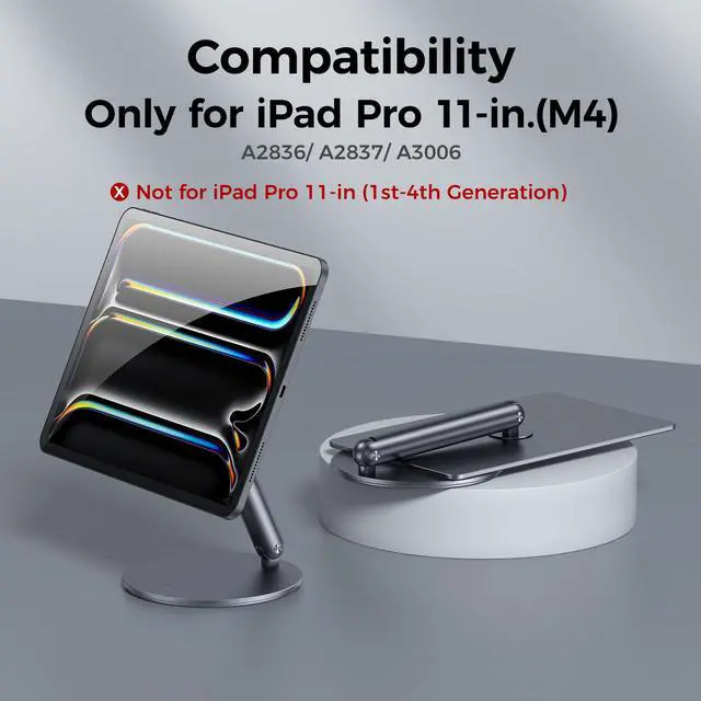 Alt view image 2 of 5 - BENKS Magnetic iPad Stand for iPad Pro 11'' M5/M4 (2025/2024), Adjustable 360° Rotating Base, Foldable Aluminum Holder for Desk, Office & Home Use