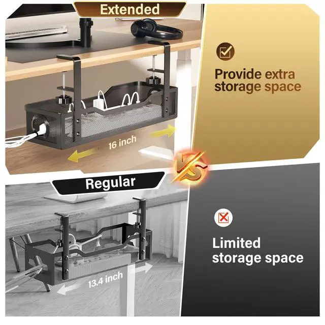 Alt view image 2 of 5 - [Upgraded] 2 Pack Under Desk Cable Management Tray, Cinati Cord Organizers for Table Thickness up to 3", 16" Wire Organization with Clamp No Drill, Cable Management Box for Office - No Damage to Desk