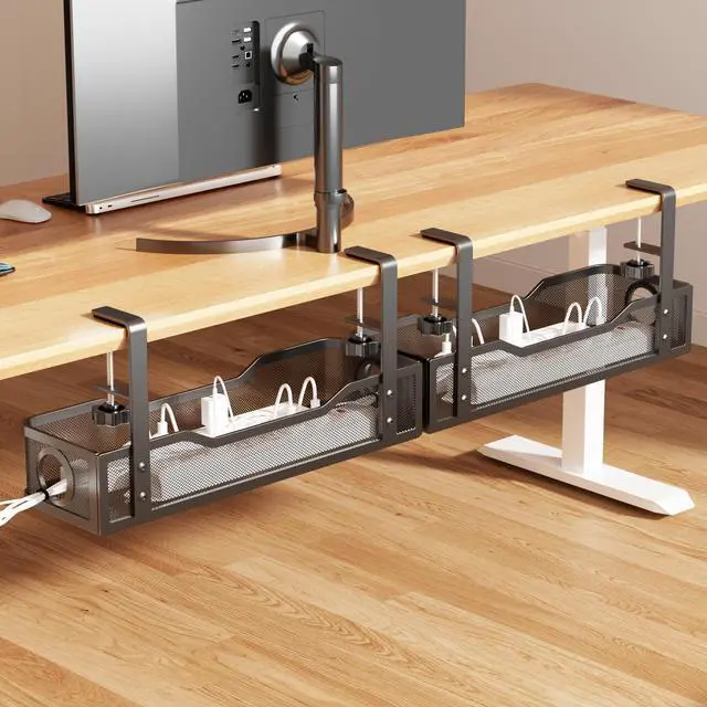 Main image of [Upgraded] 2 Pack Under Desk Cable Management Tray, Cinati Cord Organizers for Table Thickness up to 3", 16" Wire Organization with Clamp No Drill, Cable Management Box for Office - No Damage to Desk