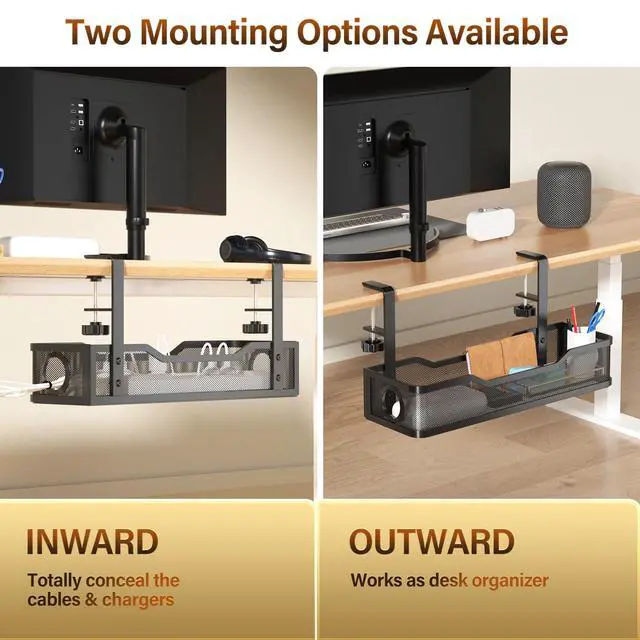 Alt view image 5 of 5 - [Upgraded] 2 Pack Under Desk Cable Management Tray, Cinati Cord Organizers for Table Thickness up to 3", 16" Wire Organization with Clamp No Drill, Cable Management Box for Office - No Damage to Desk