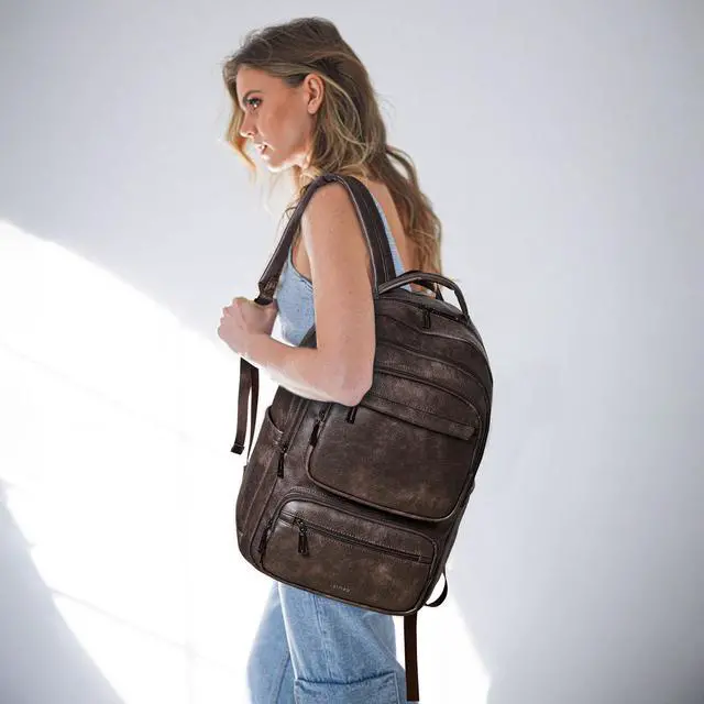 Alt view image 2 of 5 - LATMAP 43L Backpack Purse For Women Leather Shoulder Diaper Bookbag Tote 17 16 15.6 Inch Laptop Bag Handbags For Travel Work College Large Coffee Color