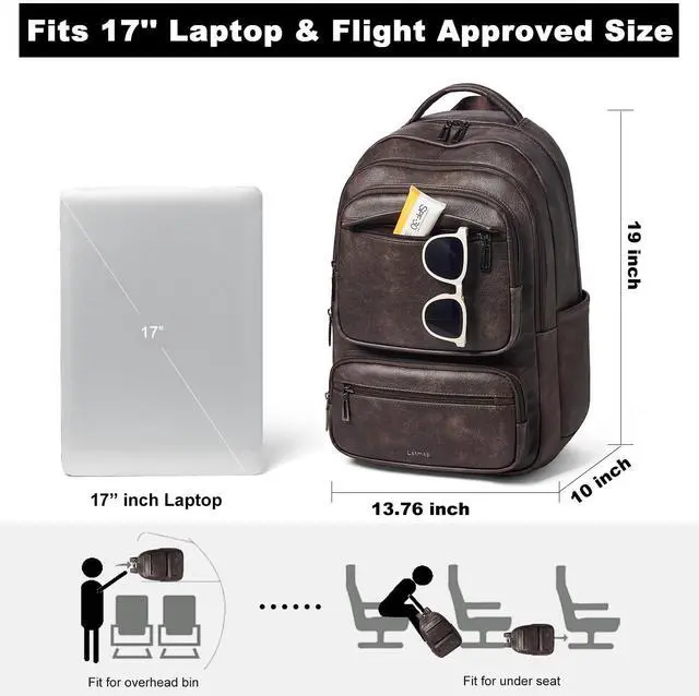 Alt view image 3 of 5 - LATMAP 43L Backpack Purse For Women Leather Shoulder Diaper Bookbag Tote 17 16 15.6 Inch Laptop Bag Handbags For Travel Work College Large Coffee Color