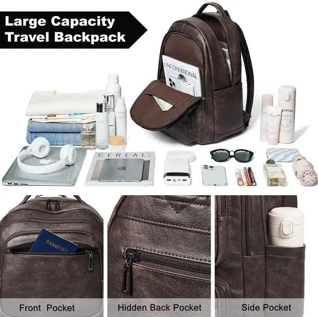 Alt view image 4 of 5 - LATMAP 43L Backpack Purse For Women Leather Shoulder Diaper Bookbag Tote 17 16 15.6 Inch Laptop Bag Handbags For Travel Work College Large Coffee Color