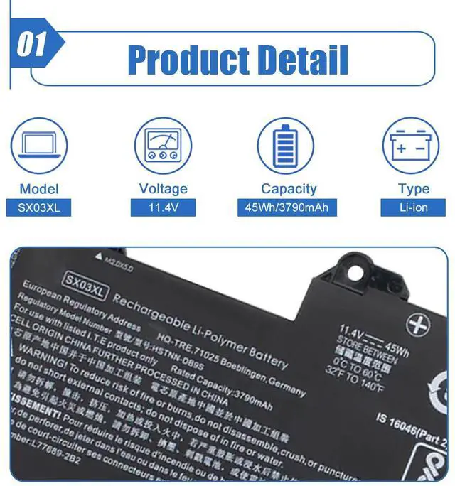 Alt view image 2 of 5 - Dentsing SX03XL Laptop Battery Compatible with HP ProBook x360 435 G7 435 G8 HSTNN-DB9S HSTNN-DB9P HSTNN-IB9D HSTNN-IB9I L77689-2B1 L77689-171 L77689-172 L78125-005 Series 11.4V 45Wh 3790mAh