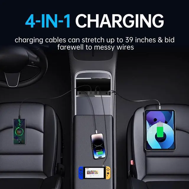 Alt view image 5 of 5 - DGXWLLW USB Hub for Tesla Model Y Juniper 2025 2026 Model 3 Highland 2024 2025 with Sunken Design, 99W 4 in 1 Multi Ports Fast Charger with Retractable Cable Docking Station fit Center Console Adapter