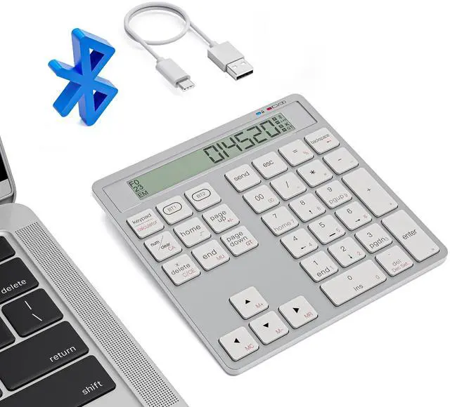 Main image of Rechargeable Wireless Number Pad for Laptop - 2-in-1 Dual Bluetooth & Wired Numeric Keypad with Calculator Display, 34 Keys Slim Portable Numpad for PC, MacBook, Tablet - Fast Data Entry & Accounting