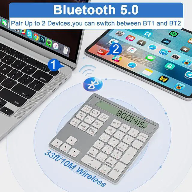 Alt view image 2 of 5 - Rechargeable Wireless Number Pad for Laptop - 2-in-1 Dual Bluetooth & Wired Numeric Keypad with Calculator Display, 34 Keys Slim Portable Numpad for PC, MacBook, Tablet - Fast Data Entry & Accounting