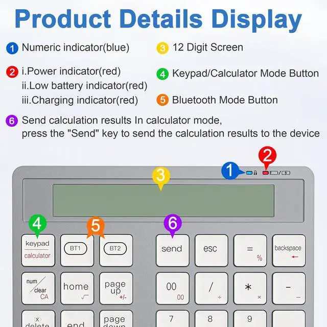 Alt view image 4 of 5 - Rechargeable Wireless Number Pad for Laptop - 2-in-1 Dual Bluetooth & Wired Numeric Keypad with Calculator Display, 34 Keys Slim Portable Numpad for PC, MacBook, Tablet - Fast Data Entry & Accounting