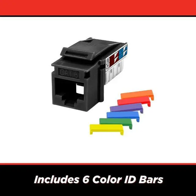 Alt view image 3 of 5 - Simply45 Cat6 UTP 90-degree Keystone with 6-Color Snap-On ID Bars Included - 110 Style, Black, 25 Pack - Dust Cover, IDC Cap, UL Listed - S45-3690B-25