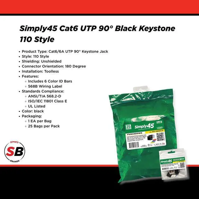 Alt view image 2 of 5 - Simply45 Cat6 UTP 90-degree Keystone with 6-Color Snap-On ID Bars Included - 110 Style, Black, 25 Pack - Dust Cover, IDC Cap, UL Listed - S45-3690B-25