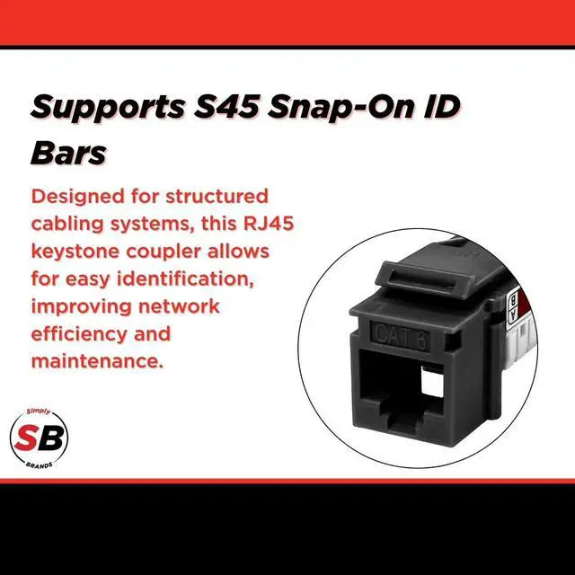 Alt view image 4 of 5 - Simply45 Cat6 UTP 90-degree Keystone with 6-Color Snap-On ID Bars Included - 110 Style, Black, 25 Pack - Dust Cover, IDC Cap, UL Listed - S45-3690B-25