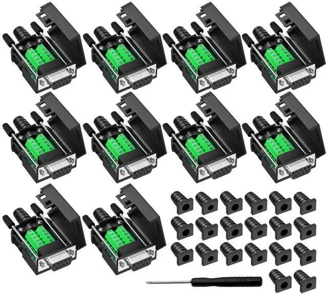 Main image of YIOVVOM DB9 Breakout Connector, Female 9 pin RS232 connectors, Solderless D-SUB RS485 Serial Adapter Module Board with Screw Terminals, Case, Long Bolts 10 PCS