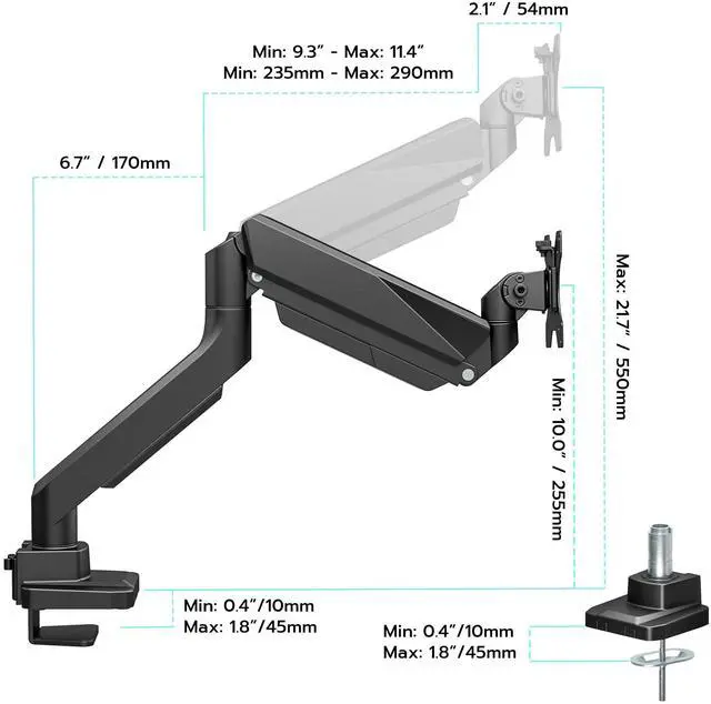 Alt view image 2 of 5 - ARES WING Ultrawide Monitor Arm, Heavy Duty Single Monitor Mount for 13"-49" Curved Screens, Adjustable Stand for Desk with C-clamp & Grommet Base up to 40 LBS, Black