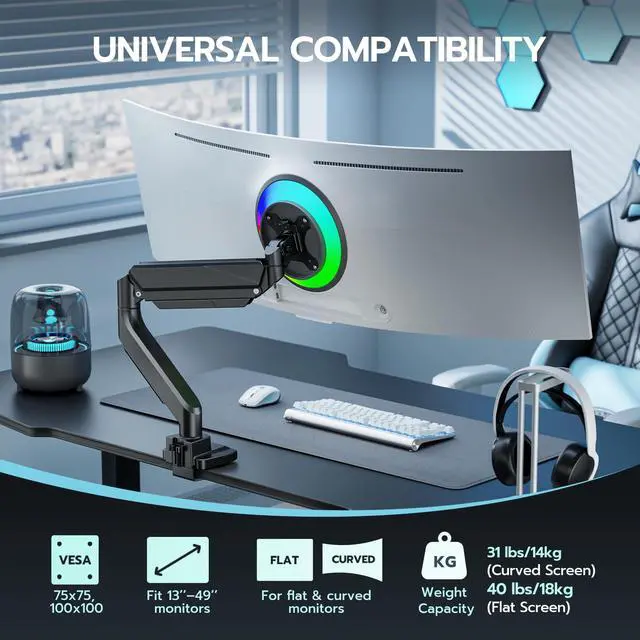 Alt view image 4 of 5 - ARES WING Ultrawide Monitor Arm, Heavy Duty Single Monitor Mount for 13"-49" Curved Screens, Adjustable Stand for Desk with C-clamp & Grommet Base up to 40 LBS, Black