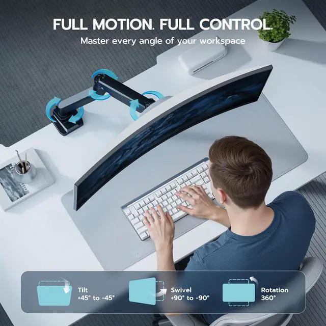 Alt view image 5 of 5 - ARES WING Ultrawide Monitor Arm, Heavy Duty Single Monitor Mount for 13"-49" Curved Screens, Adjustable Stand for Desk with C-clamp & Grommet Base up to 40 LBS, Black