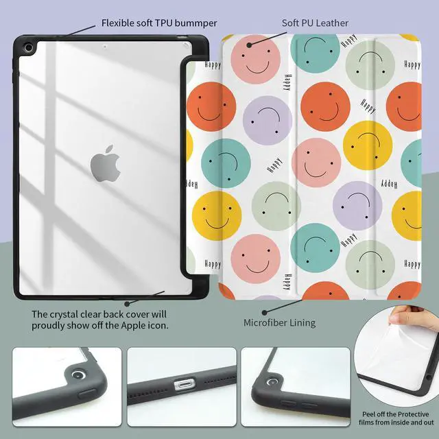 Alt view image 4 of 5 - Trizoanic for iPad 11th/10th Gen Case 2025/2022 | Slim Cover w/Auto Wake, 2-Stand & Pencil Slot, Anti-Yellow Clear, Smiley Face