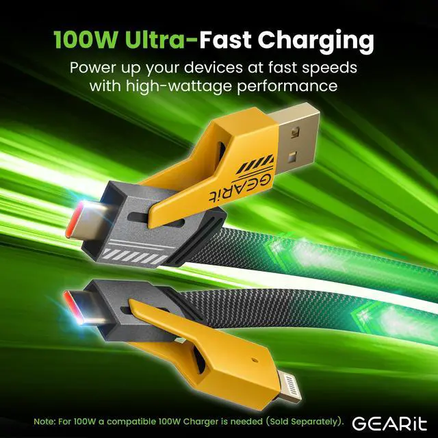Alt view image 2 of 5 - GEARit 100W 4-in-1 Charging Cable - Fast-Charging Flat (4.6 Feet) USB-C to USB-C Cable with USB-A & Lightning Connectors - Universal Multi Device Cord - Compatible with iPhone, MacBook Pro 4.6ft