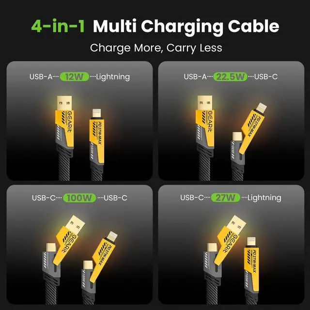 Alt view image 3 of 5 - GEARit 100W 4-in-1 Charging Cable - Fast-Charging Flat (4.6 Feet) USB-C to USB-C Cable with USB-A & Lightning Connectors - Universal Multi Device Cord - Compatible with iPhone, MacBook Pro 4.6ft