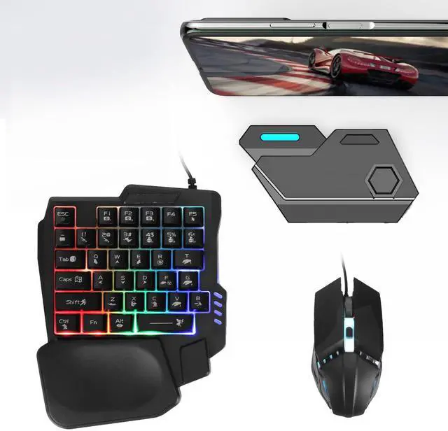Main image of Denash Half Hand Gaming Keyboard and Combo, PUBG K13 Keyboard with Wrist Rest and G4 Mouse, Cell Phone Stand, Keyboard and Converter 4 in 1 for Android iOS Phone