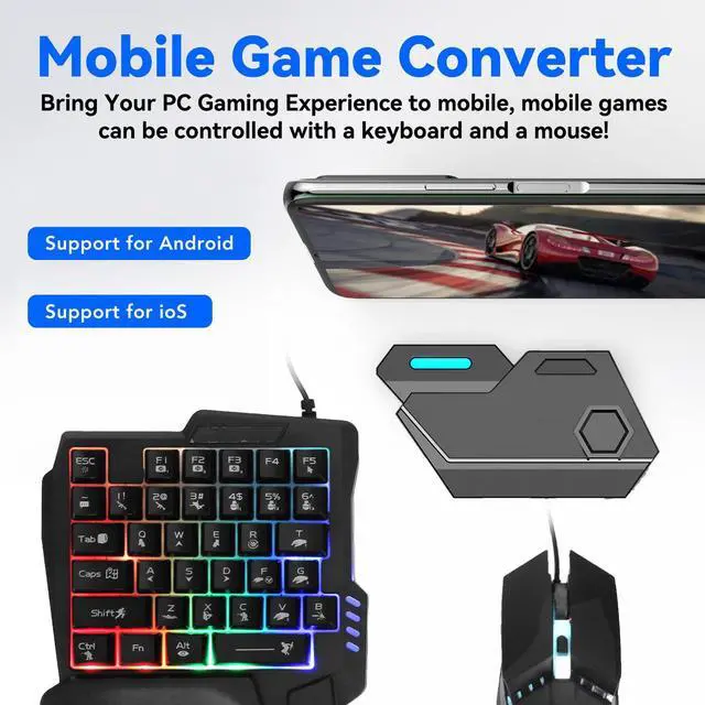 Alt view image 2 of 5 - Denash Half Hand Gaming Keyboard and Combo, PUBG K13 Keyboard with Wrist Rest and G4 Mouse, Cell Phone Stand, Keyboard and Converter 4 in 1 for Android iOS Phone