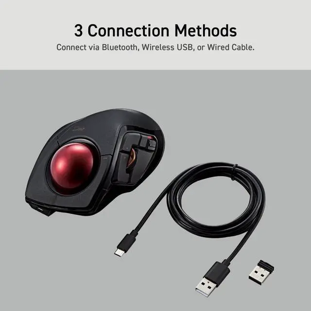 Alt view image 5 of 5 - ELECOM DEFT PRO Trackball Mouse, Wired, Wireless, Bluetooth 3 Types Connection, Ergonomic Design, 8-Button Function, Red Ball, Windows11, MacOS (M-DPT1MRXBK)